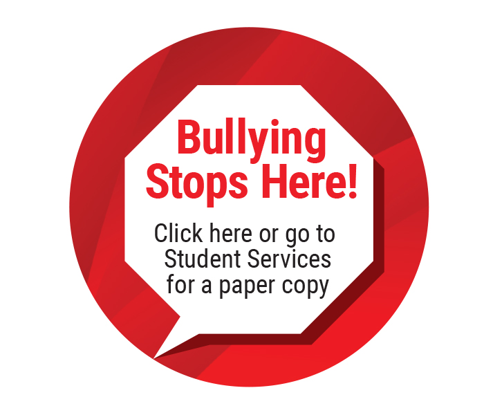 Report Bullying. Click here. Illustration of stop-sign-shaped speech bubble on red circle.